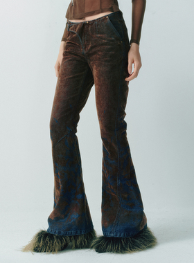 LUCENCY25AW不对称腰头牛仔裤铆钉提花微喇长裤秋冬复古港风女裤