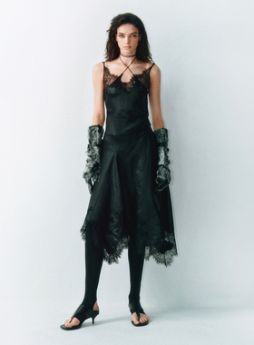 LUCENCY25AW 醋酸蕾丝拼接不对称下摆连衣裙 秋冬新款气质长裙