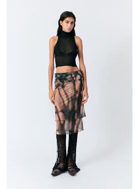 LUCENCY 25春夏印花双层波浪边网纱半身裙