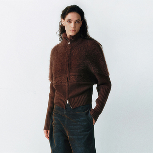 宽松拉链保暖通勤百搭上衣 仿貂毛拼接针织衫 LUCENCY AW25