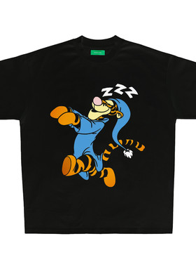 VINTAGE 梦游跳跳虎情侣卡通国潮复古重磅宽松小领口短袖