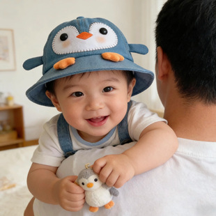 新款可爱小企鹅宝宝帽子春秋季牛仔渔夫帽男女童盆帽婴幼儿遮阳帽
