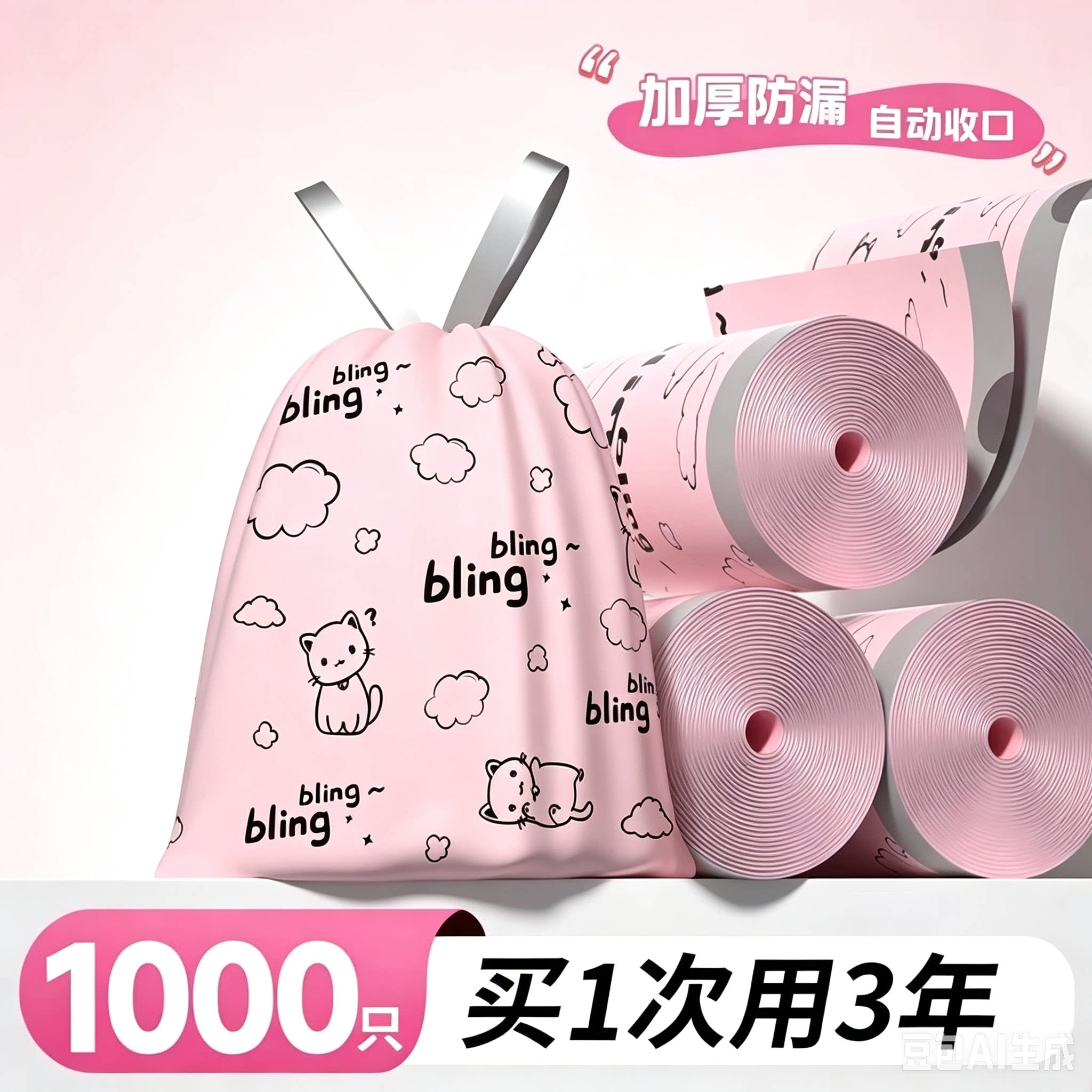 家庭装粉色猫咪抽绳垃圾袋加厚厨房卫生间客厅手提式塑料袋