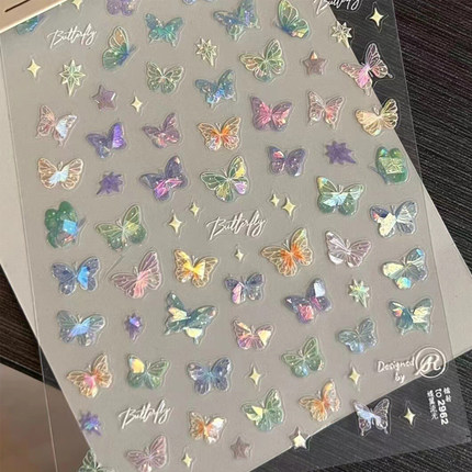 爆款蝴蝶翼流光贴纸平面美甲贴纸缤纷蝴蝶仙女指甲贴纸
