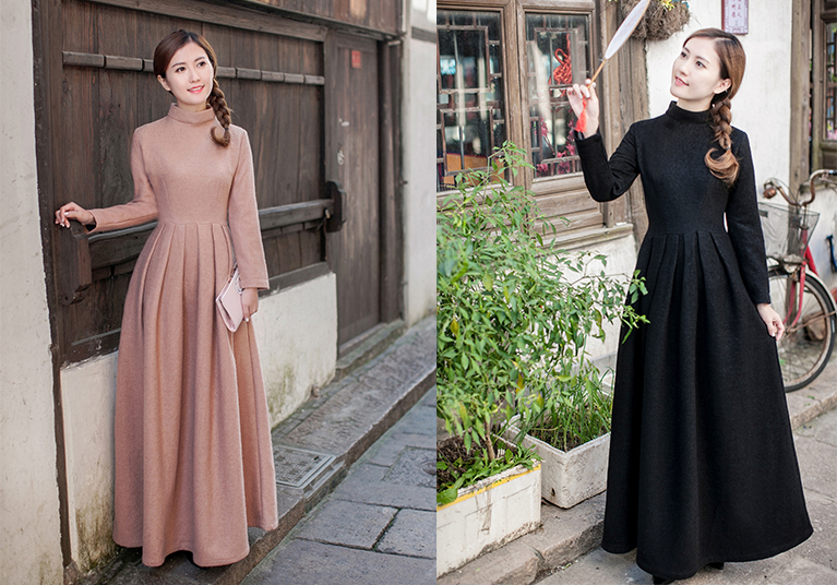 大摆复古毛呢加厚优雅风长裙