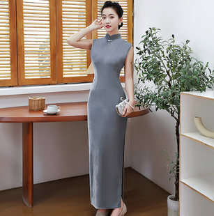 2022春秋金丝绒长旗袍修身大弹力大码长款旗袍裙无袖形体礼仪旗袍