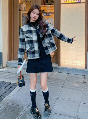现货：秋冬新款时尚百搭格子毛呢小香风外套2C135-2387P155K228