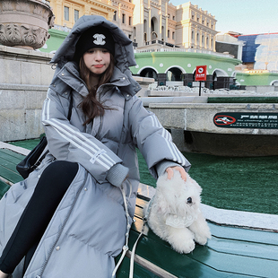 【爆款现货】加厚织带长款新标90宽松连帽棉布感羽绒服