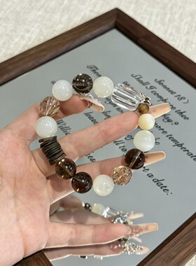 天然白月光黑金超七茶晶手串招财小众设计复古沉香隔片水晶手链女
