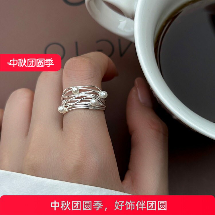 不规则多层金属珍珠开口戒指女设计感小众复古个性简约百搭指环