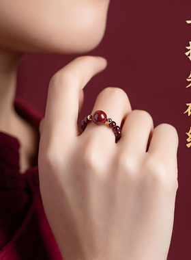 原矿朱砂珠戒指女 石榴石食指金貔貅指环尾小众设计戒指古风