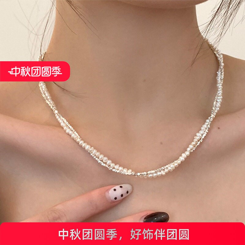 双层碎银子珍珠缠绕项链女小众复古个性简约百搭气质颈链锁骨链
