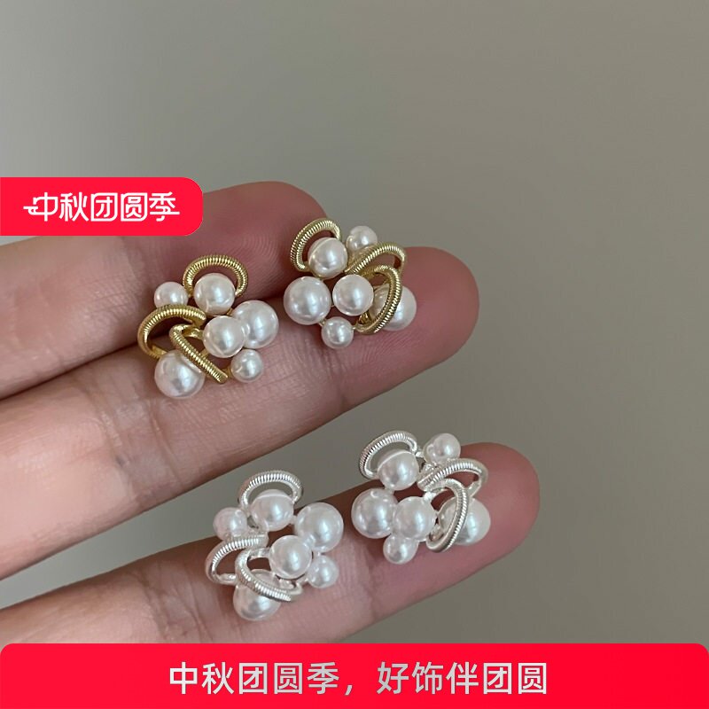 复古温柔风缠绕珍珠花簇耳钉女轻奢高级感个性时尚潮流耳环耳饰