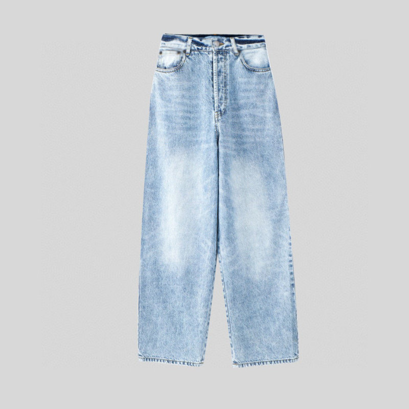 高腰设计浅蓝色显瘦显腿长烫钻牛仔阔腿裤