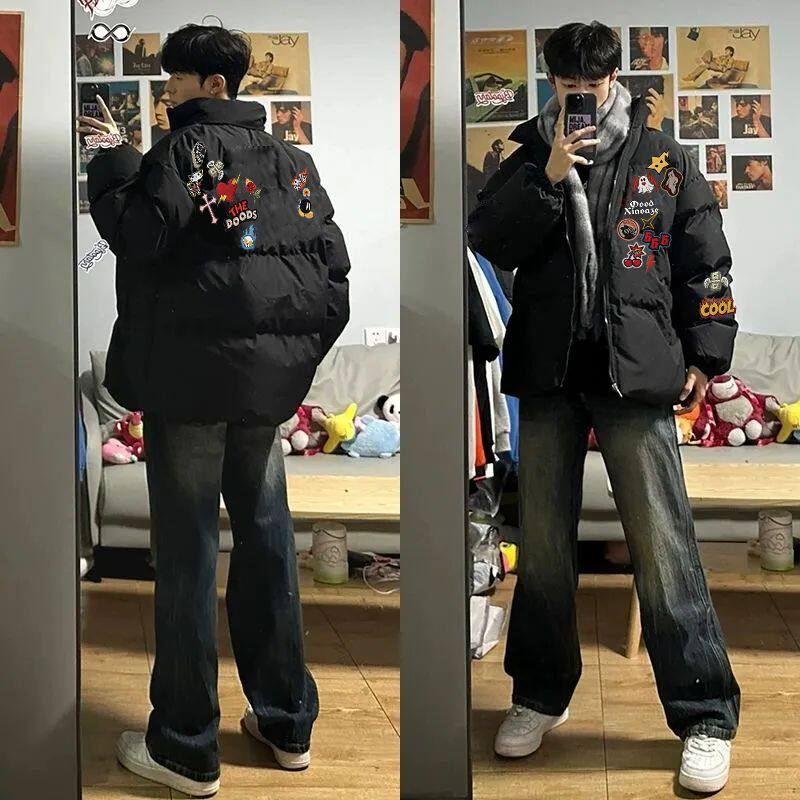 韩版潮牌印花立领棉服情侣2025冬季爆款设计感痞帅休闲男女面包服