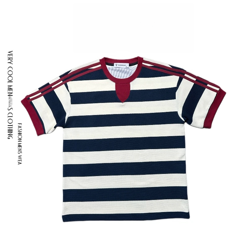 男装条纹撞色拼接舒适感高级感休闲夏季潮流时尚气质宽松T恤短袖