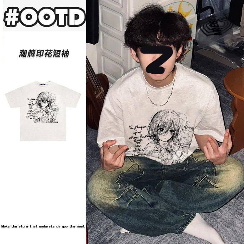 花灰色纯棉日系手绘漫画风印花短袖夏季男女ins情侣款重磅T恤上衣