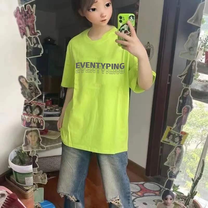 短袖t恤男女夏季荧光绿潮流宽松重磅纯棉青少年男生半袖情侣体恤