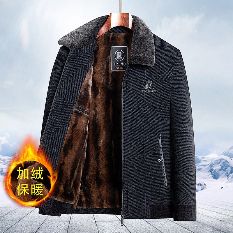 加绒加厚秋冬季夹克男中年保暖棉服爸爸冬装外套中老年羊毛外套