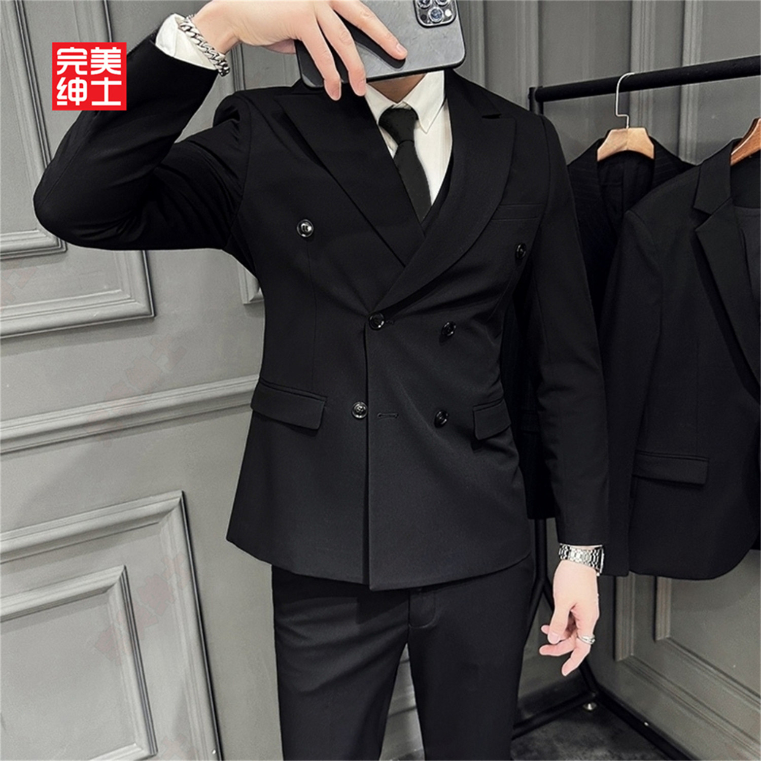 双排扣戗驳领西装男款高级感胖子穿大码结婚礼服男士西服套装高档