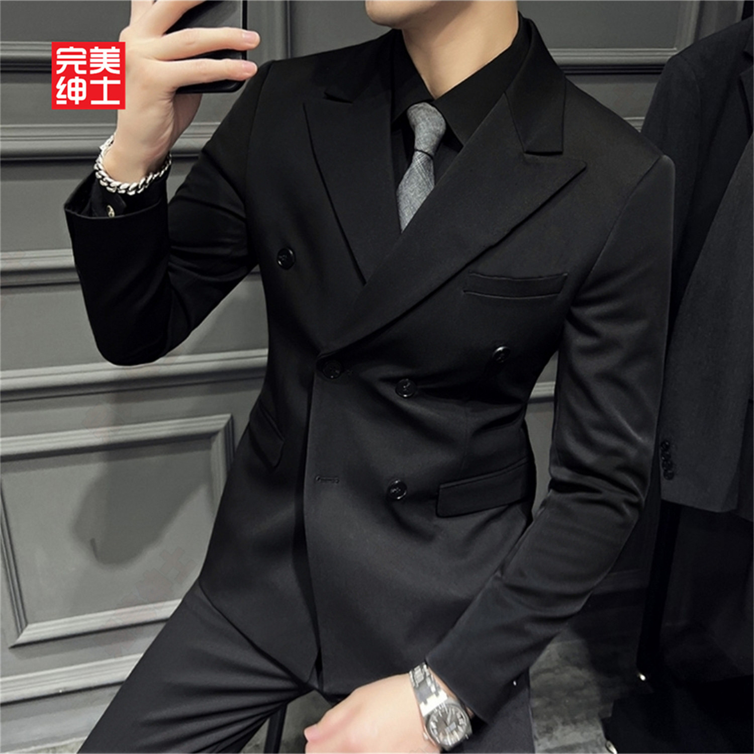 双排扣戗驳领西装男款高级感胖子穿大码结婚礼服男士西服套装高档