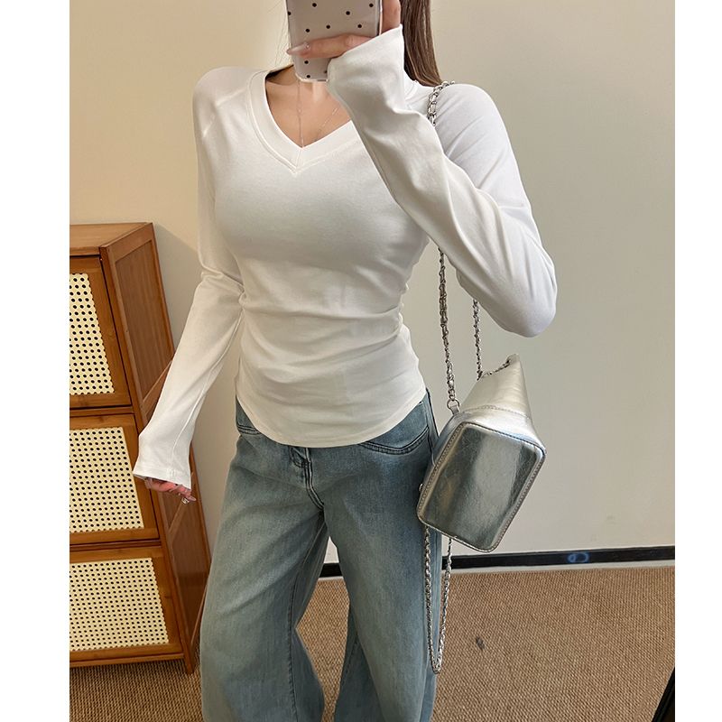实拍实价v领正肩长袖t恤女春装年新款收腰修身显瘦打底衫女