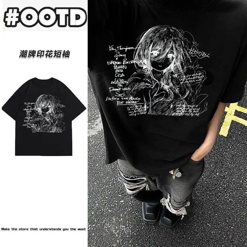 纯棉黑色重磅日系手绘漫画风印花短袖夏季男女情侣ins宽松上衣T恤