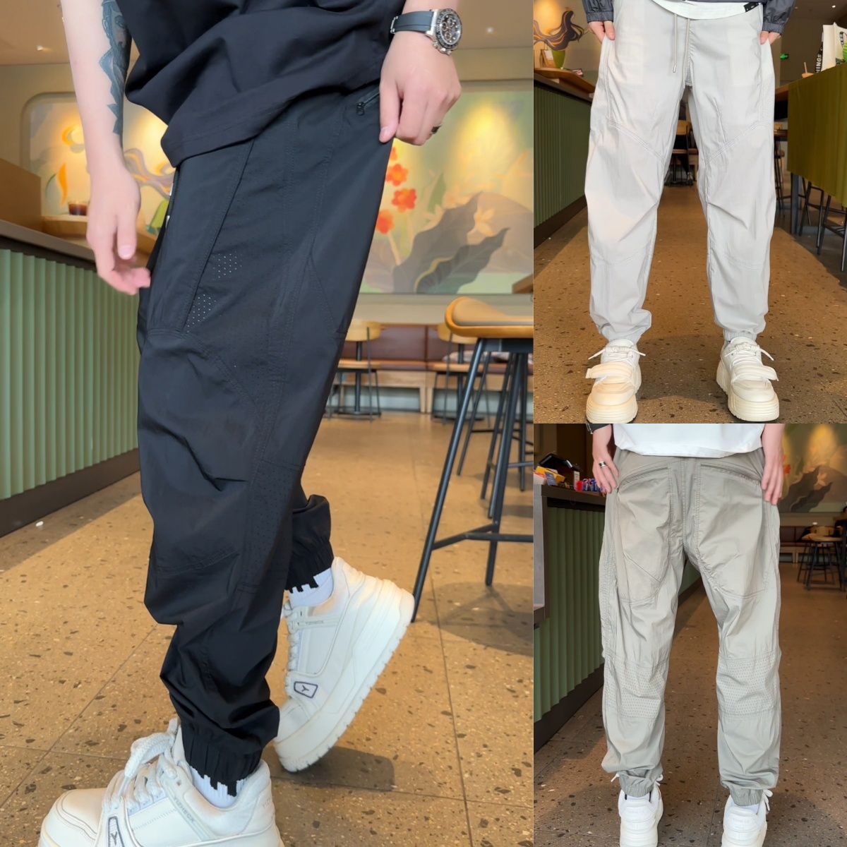 夏季潮牌网眼透气薄款束脚工装休闲裤纯色简约百搭舒适设计感透气