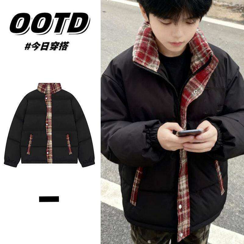 韩版复古格子拼接棉衣棉服男女款冬季加厚保暖立领面包服棉袄外套