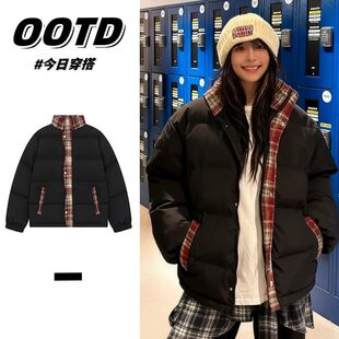 韩版复古格子拼接棉衣棉服男女款冬季加厚保暖立领面包服棉袄外套
