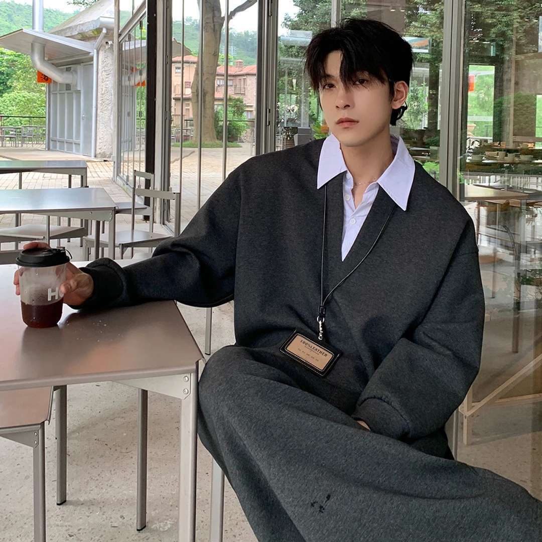 高智感男女同款设计感时尚假两件拼接卫衣套装