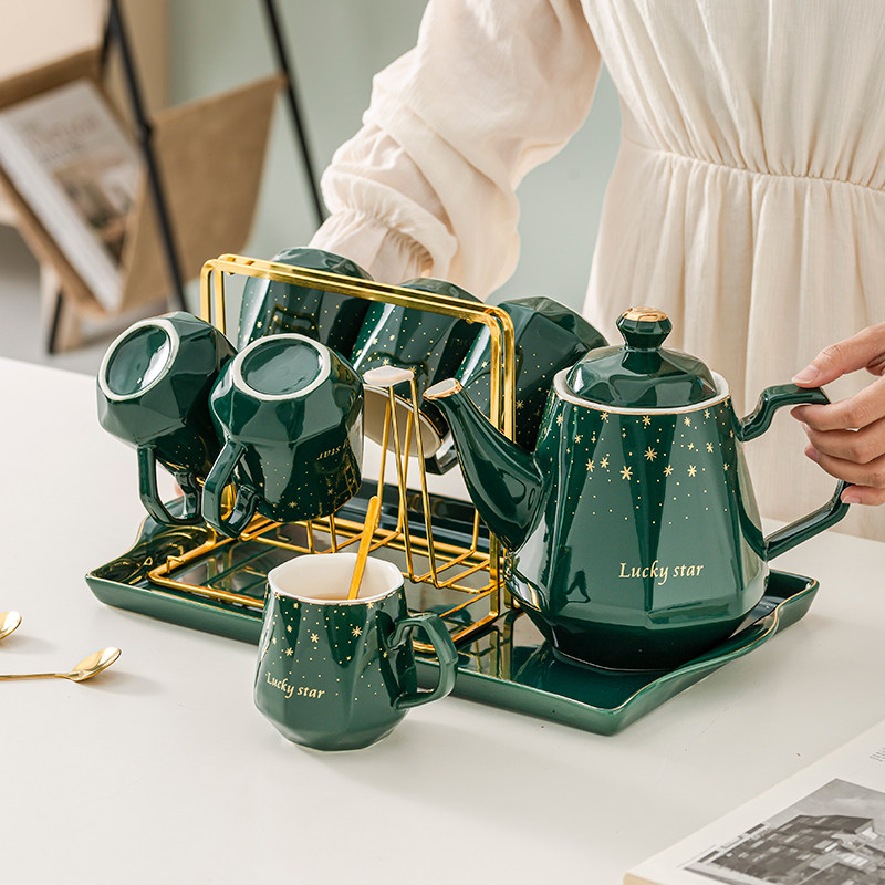 轻奢陶瓷杯子套装家用客厅水杯待客茶杯茶具带杯架高档冷水壶套装