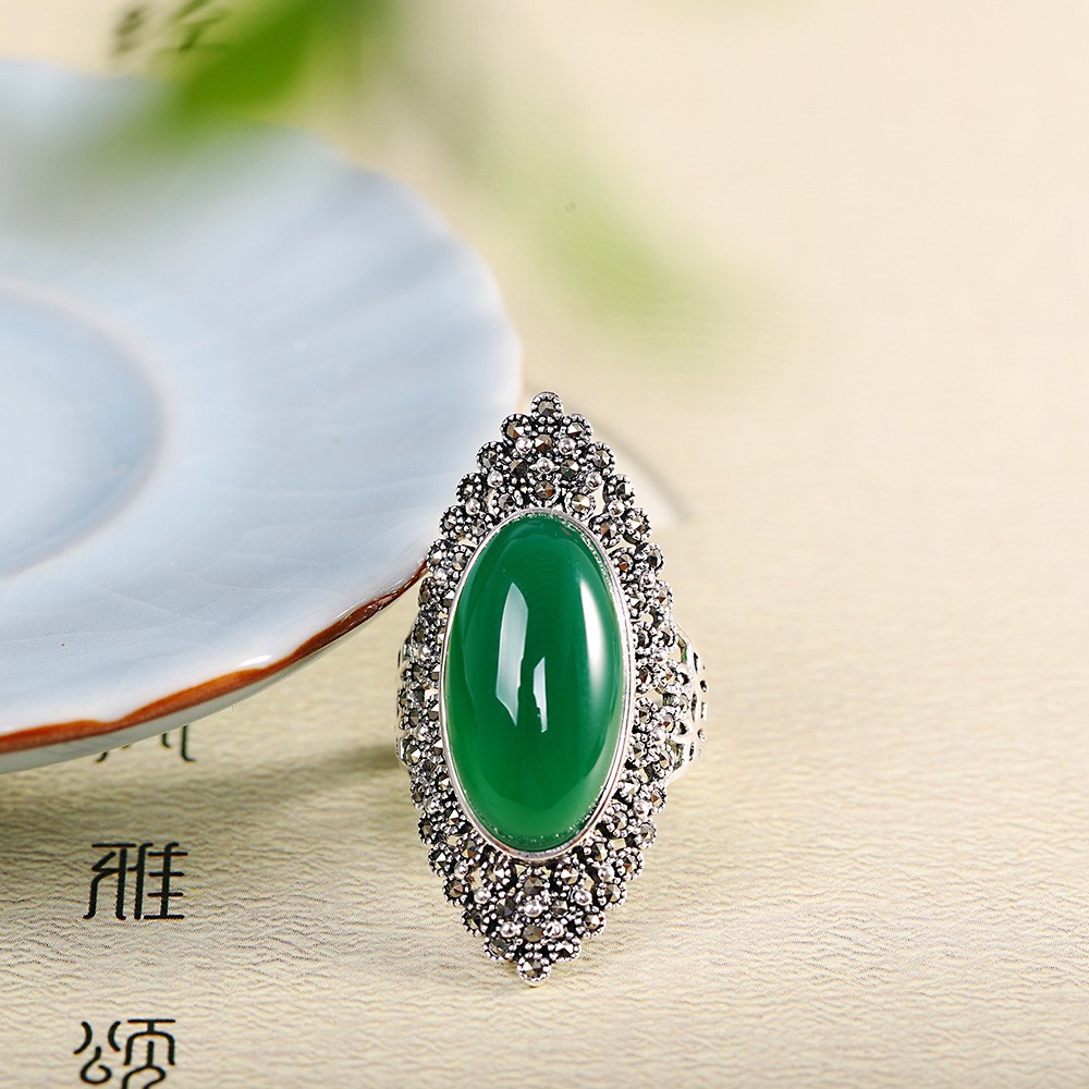 春锋似瀚文艺复古欧美流行s925银绿玉髓戒指大气长款新中式食指戒