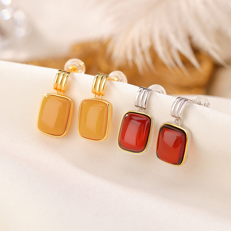 辰锦 s925纯银镀金蜜蜡血珀复古轻奢简约方形耳钉时尚气质银耳坠