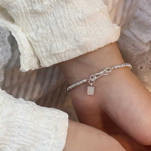990足银方牌银圈手链女简约新中式国风设计爱甜美气质手环b3325