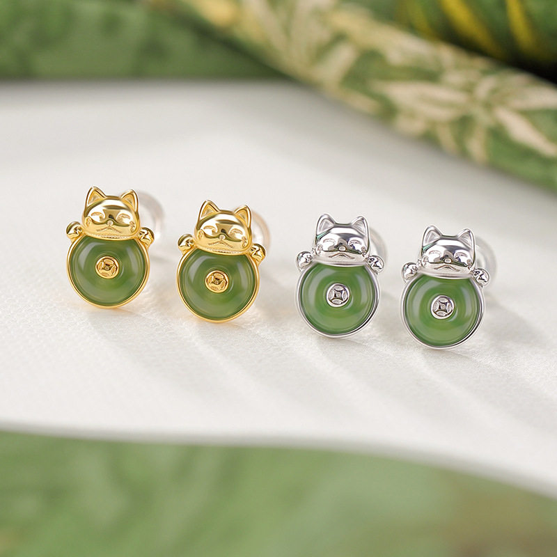 辰锦 s925纯银镀金和田玉碧玉招财猫猫咪爱小巧设计感创意耳钉