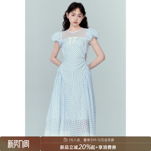 DIDDI蓝色格子高腰抽褶镂空连衣裙显瘦a字T恤长裙 清仓特惠