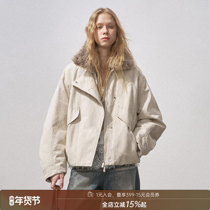 DIDDIMODA 弧形袖水洗毛领棉服毛毛夹棉夹克外套女短款冬季新款