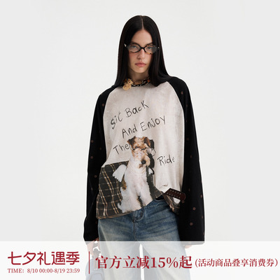 DIDDIMODA“天使小狗”印花拼色插肩袖黑白色长袖t恤女夏2026新款