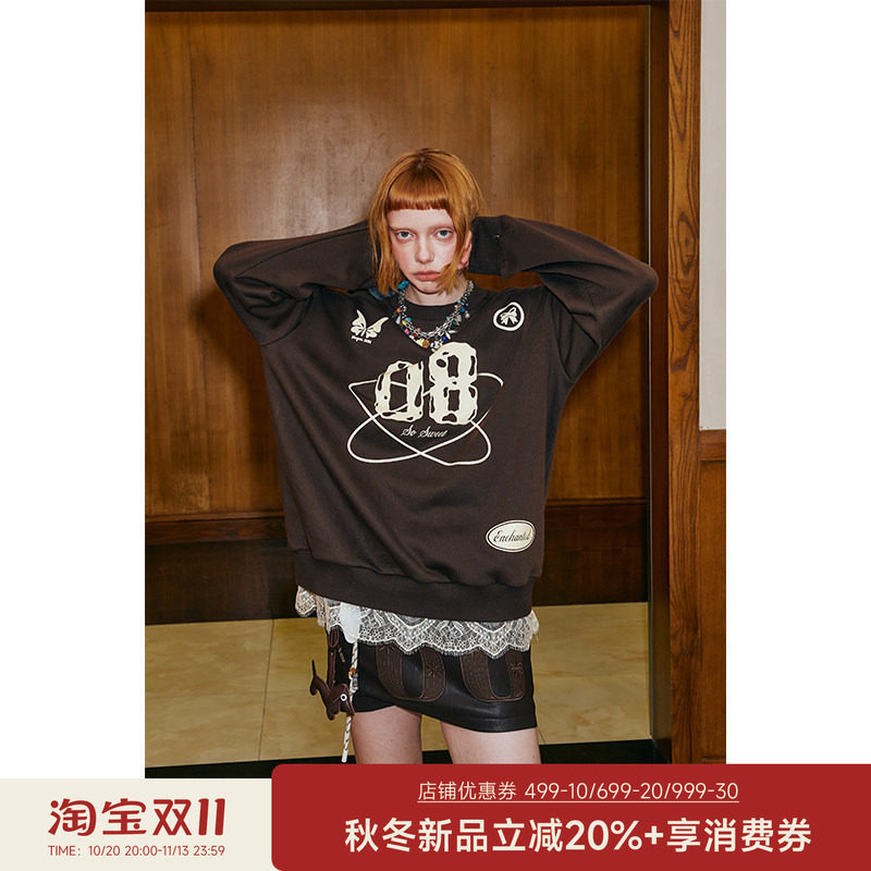 DIDDI MODA运动少女感数字图案印花蕾丝拼接休闲运动宽松卫衣