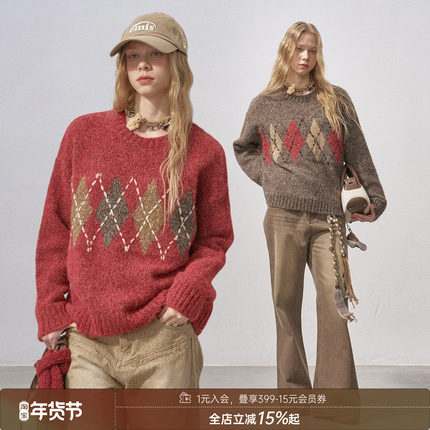 DIDDIMODA 花纱菱格圆领套头宽松慵懒风节日毛衣女针织套头衫