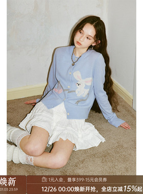 DIDDI MODA温柔可爱兔子樱桃针织开衫外套女宽松显瘦软糯羊毛毛衣