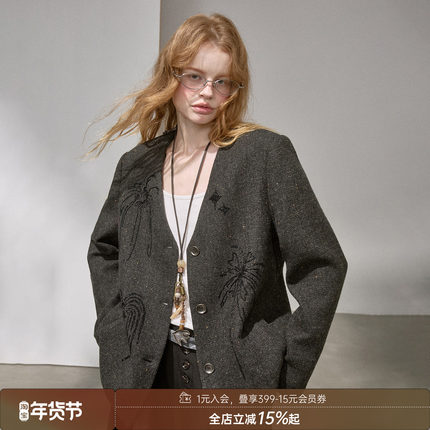 DIDDI MODA高密重磅珠绣工艺烟花v领西装外套女高级感气质外套