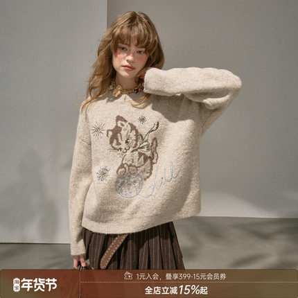 DIDDIMODA 玩毛球小猫圆领宽松长袖毛衣刺绣可爱针织衫套头衫