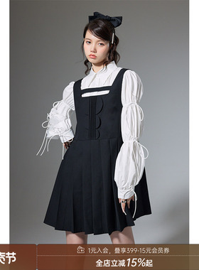 【清仓特惠】DIDDI 百褶吊带裙女黑色宽松方领连衣裙小众时尚短裙