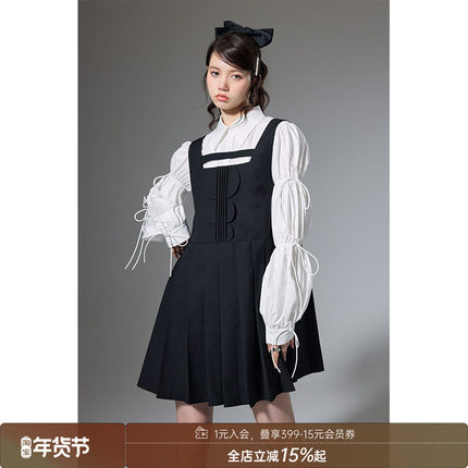 【清仓特惠】DIDDI 百褶吊带裙女黑色宽松方领连衣裙小众时尚短裙