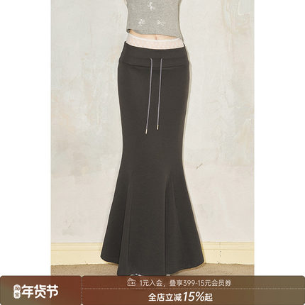 DIDDI MODA运动少女蕾丝拼接腰头显瘦鱼尾半裙宽松垂感抽绳针织裙