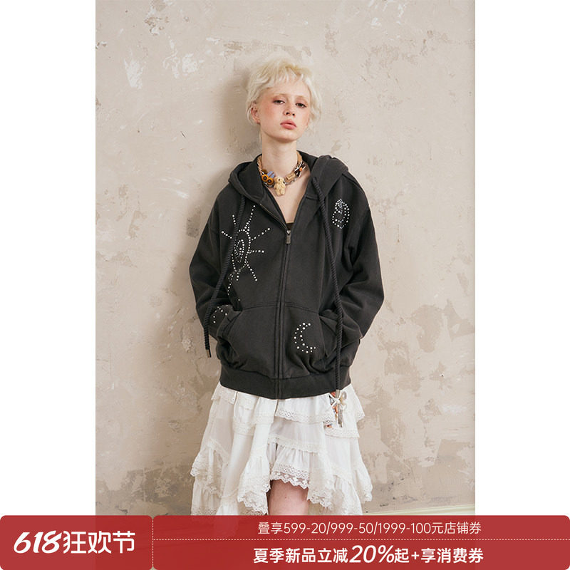 DIDDI MODA铆钉贝壳水洗薄绒连帽卫衣外套复古做旧秋冬保暖外套女