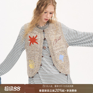 DIDDIMODA混纱彩色刺绣串珠单排扣针织马甲背心五袖上衣女外穿