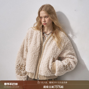 DIDDI MODA羊羔毛腰果刺绣女装冬装新款上新派克加绒加厚棉服外套